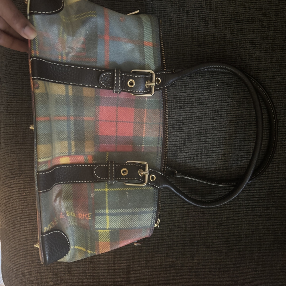 Dooney & Bourke Red and Green Shoulder Bag with Plaid Design